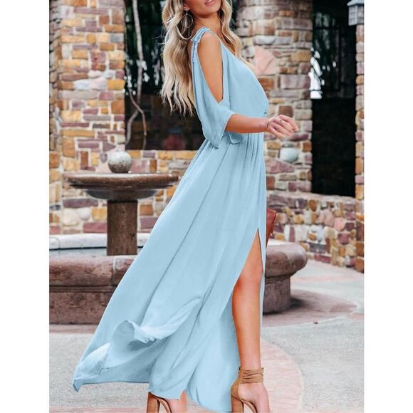 NEW DEEP SELF Light Blue V Neck Short Sleeve Maxi Dress M - Picture 3 of 6